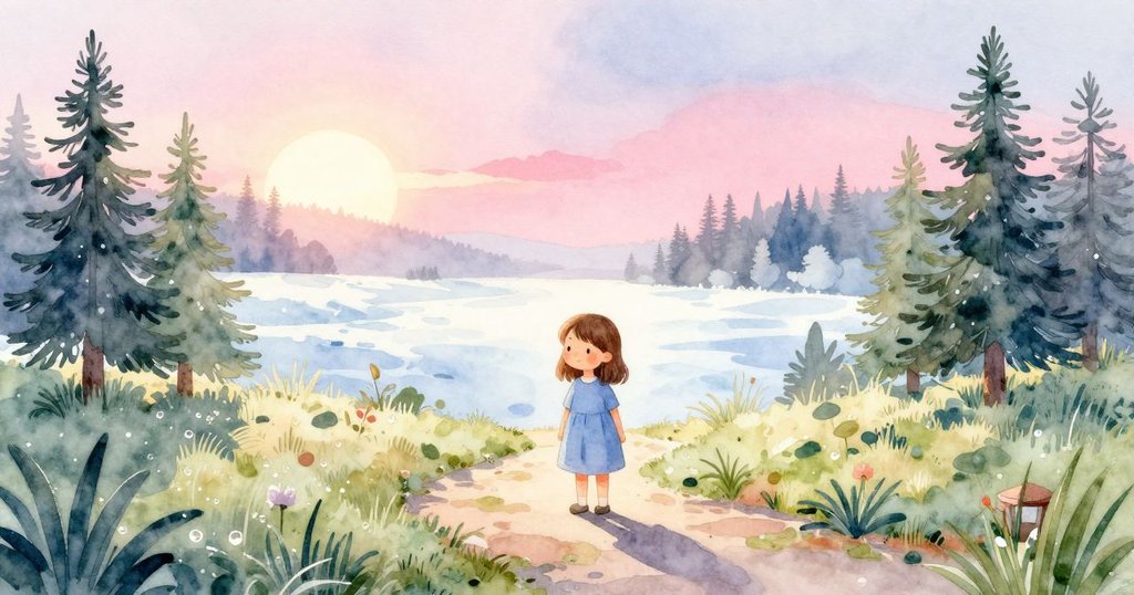 在清晨的花園中，Iris站在鋪滿石子的路旁，迎著溫暖晨光，露珠閃爍，表情充滿好奇與期待