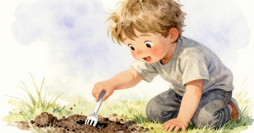 Quinn在樹旁跪立，專注注視卡在濕泥中的塑料叉，手穩穩伸向工具，呈現細膩情感與晨光背景