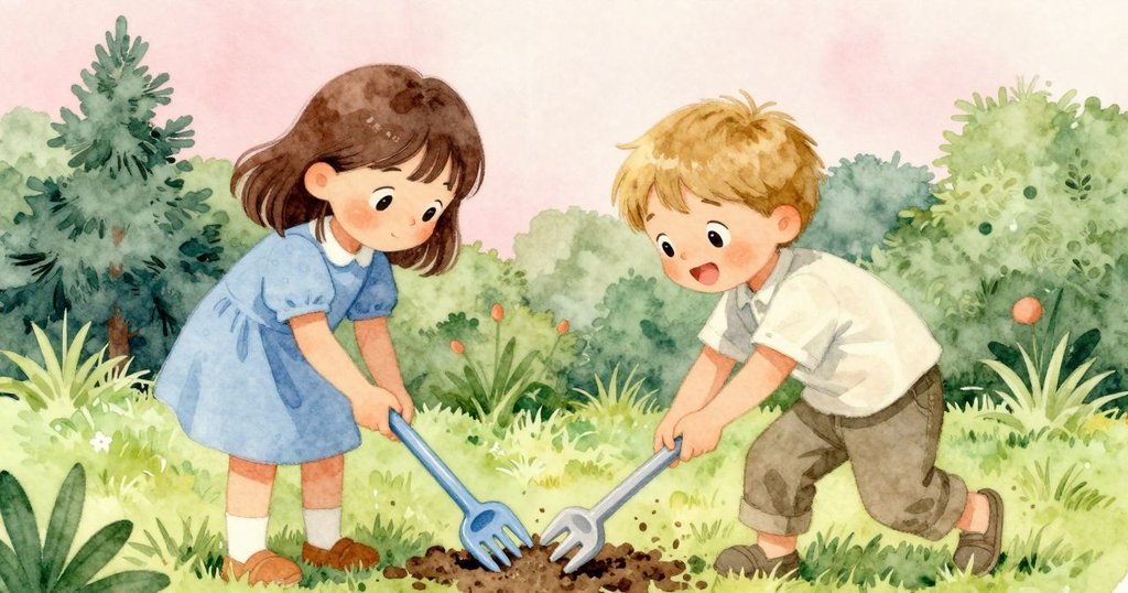 Iris與Quinn在分割畫面中各自展現動作，Iris注視著遠方，而Quinn專注用力拉拔塑料叉，展現合作精神