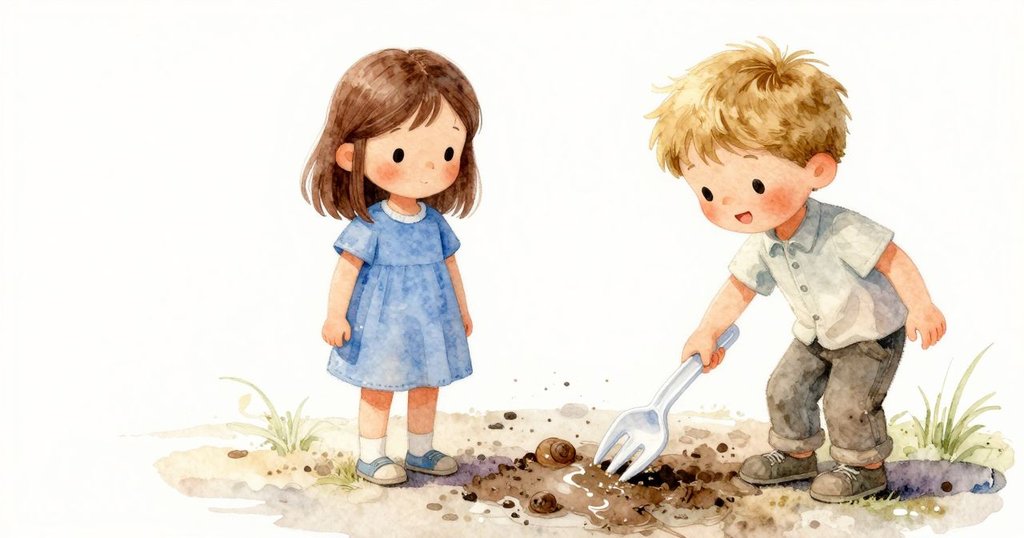 特寫畫面展示塑料叉嵌入濕泥中，水珠閃爍，蝸牛足跡與旋轉樹葉呼應自然細節，營造出靜謐氛圍