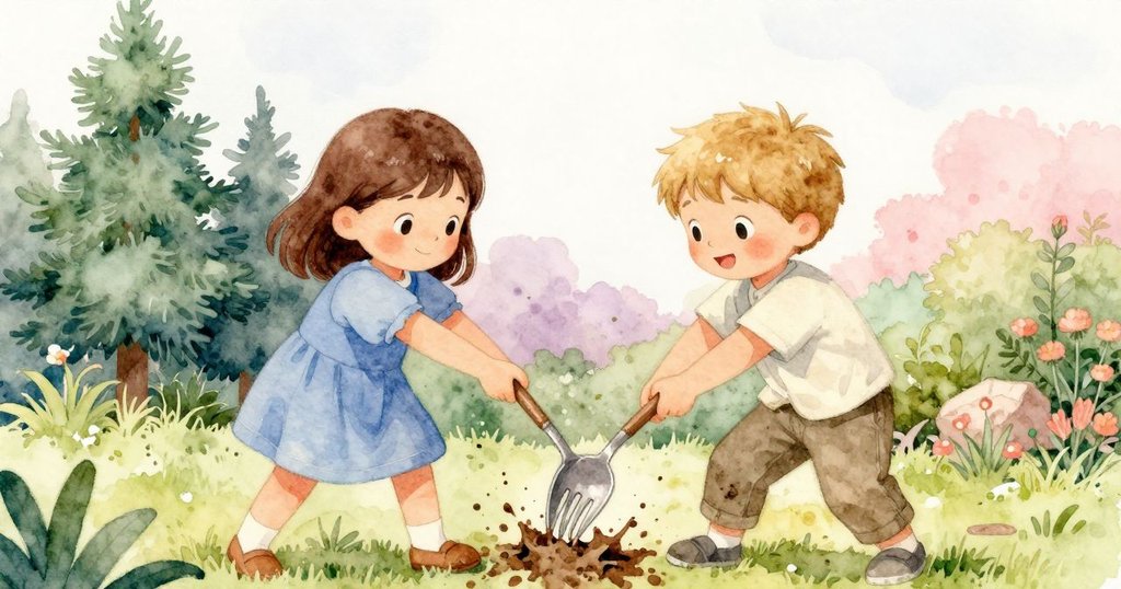 Iris與Quinn並肩合作拉拔塑料叉，雙手緊握工具，泥土飛濺，展現出堅定與團隊精神的刻畫