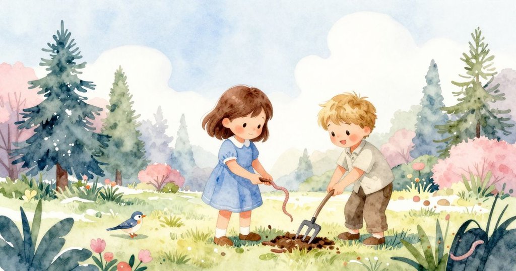 在寧靜的花園中，Iris與Quinn站立微笑，塑料叉拔出後蠕蟲蠕動，小鳥飛來，展現出平和愉快的情景