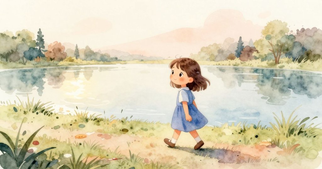 Maren在溫暖陽光下沿著綠意盎然的小徑散步，靠近平靜池塘，表情安逸，畫面展現大自然的美好。