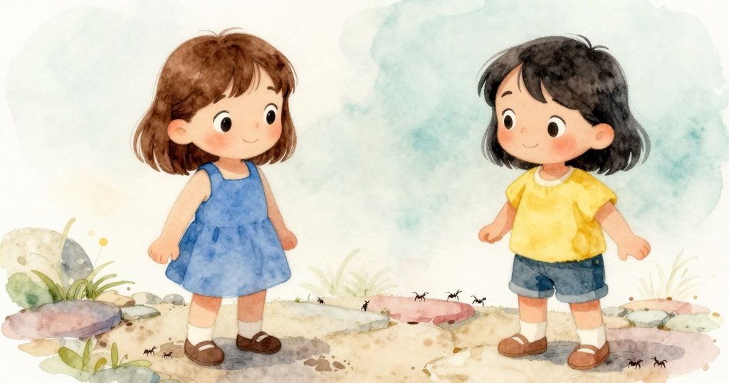 從低角度看見小螞蟻慢慢爬過石頭，旁邊隱約有泥爪印，展現大自然細節的奇妙與溫暖光線。