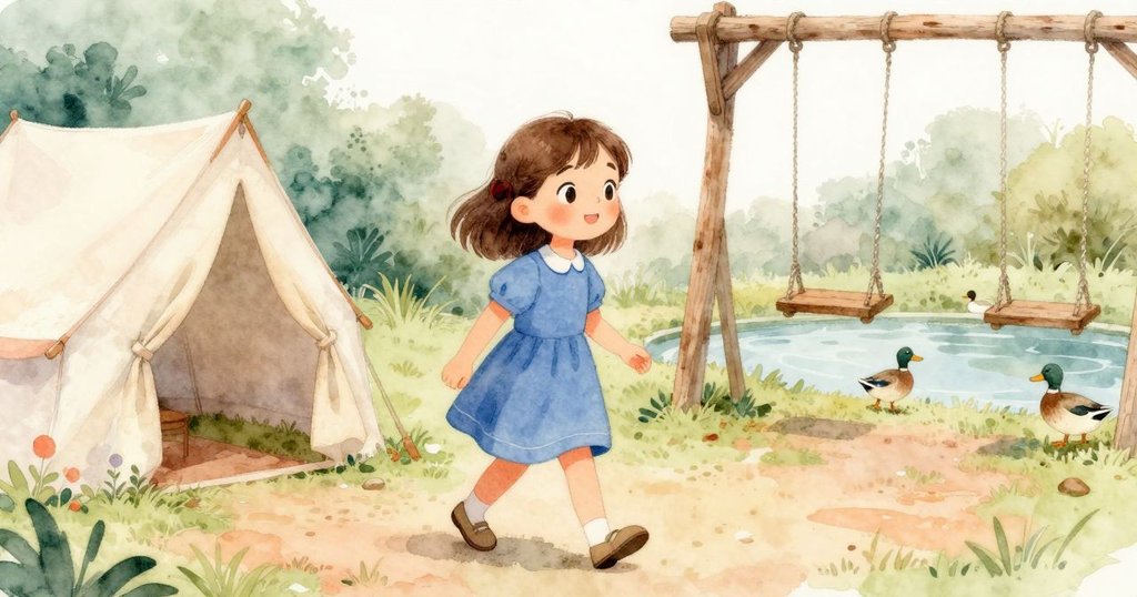 Maren走過活動帳篷與搖擺秋千，池塘邊鴨子鳴叫，天空漸變色彩，展現時間流逝與戶外生機。