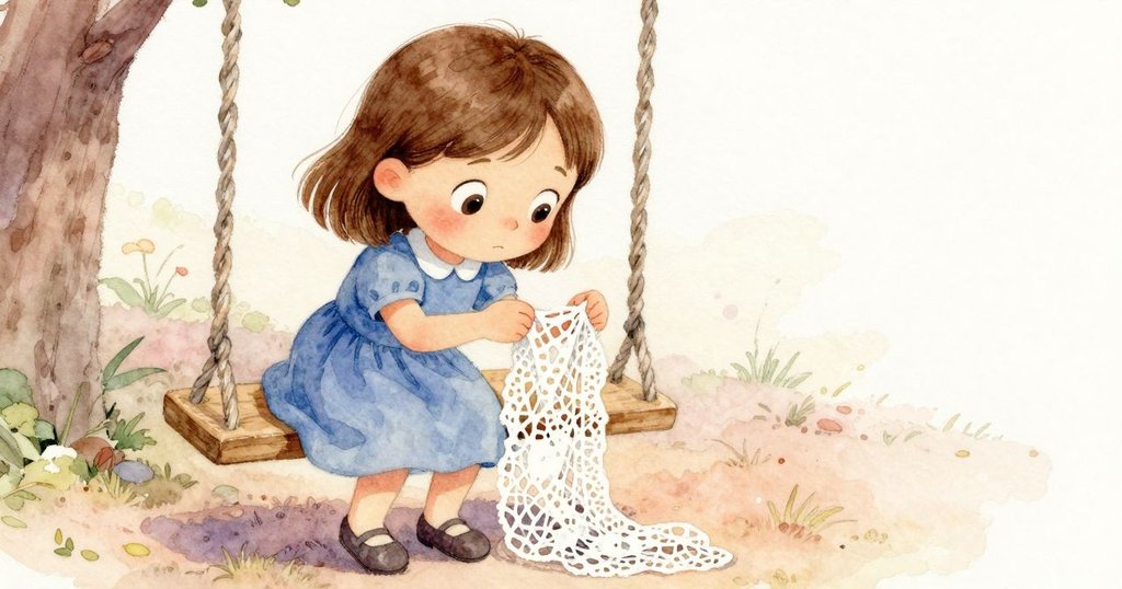 Maren在秋千旁細察糾結鞋帶，眉頭微蹙露出擔憂與堅定，畫面細膩展現解決問題的瞬間。