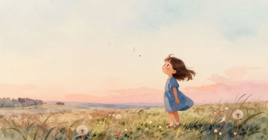 Maren解開鞋帶後站在開闊田野上，漂浮的蒲公英與藍色石子象徵新開始，臉上充滿希望與安心。