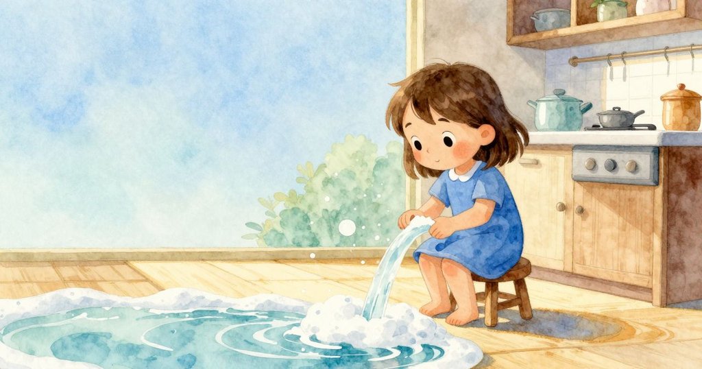 Tara站在凳子上觀察閃爍泡沫與溫暖水流,廚房中陽光柔和灑下,呈現靜謐期待氛圍