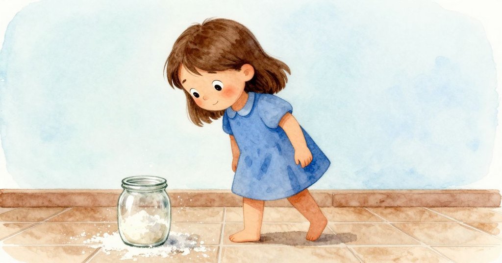 Tara踏著輕柔步伐在瓷磚地上前行,鞋印清晰,旁邊玻璃罐閃爍與麵粉散落,展現家居廚房溫馨情景