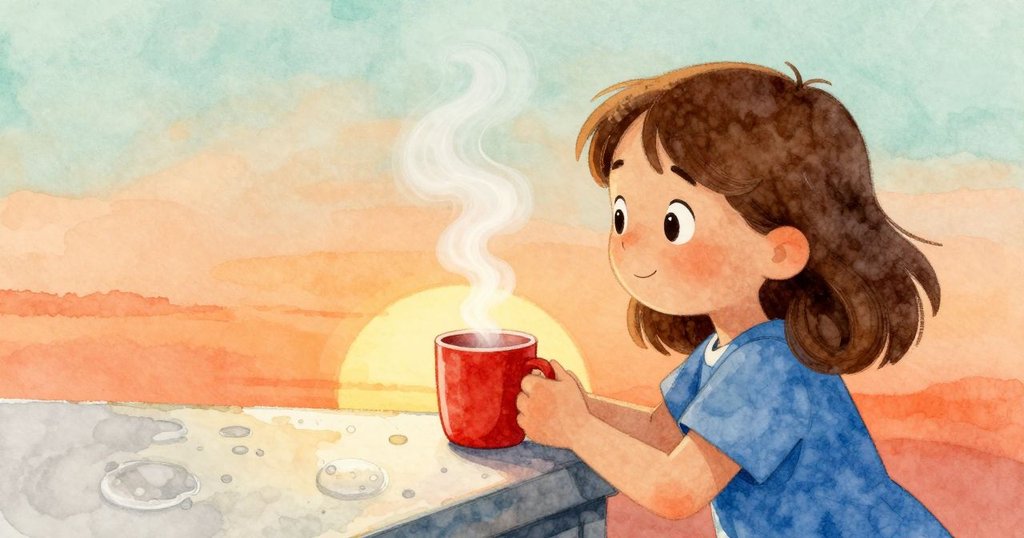 紅杯子冒出飄渺蒸氣,在傾斜視角下與涼風交融,櫃面上逐漸消逝泡沫呈現動感轉變