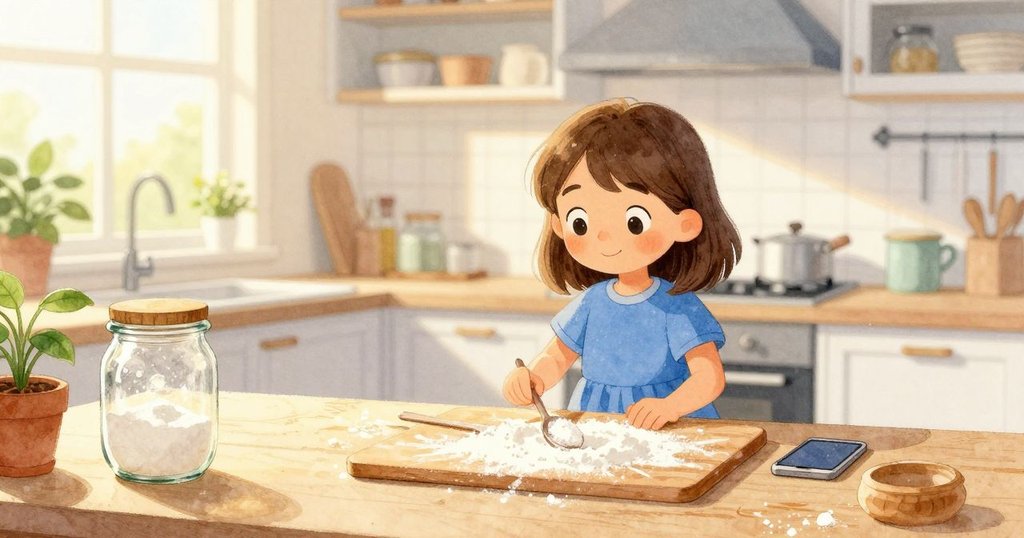 Tara走進明亮廚房,注視著閃爍玻璃罐、麵粉散落木板、糖粒閃閃湯匙及旁邊擺放的智慧型手機,場景明快