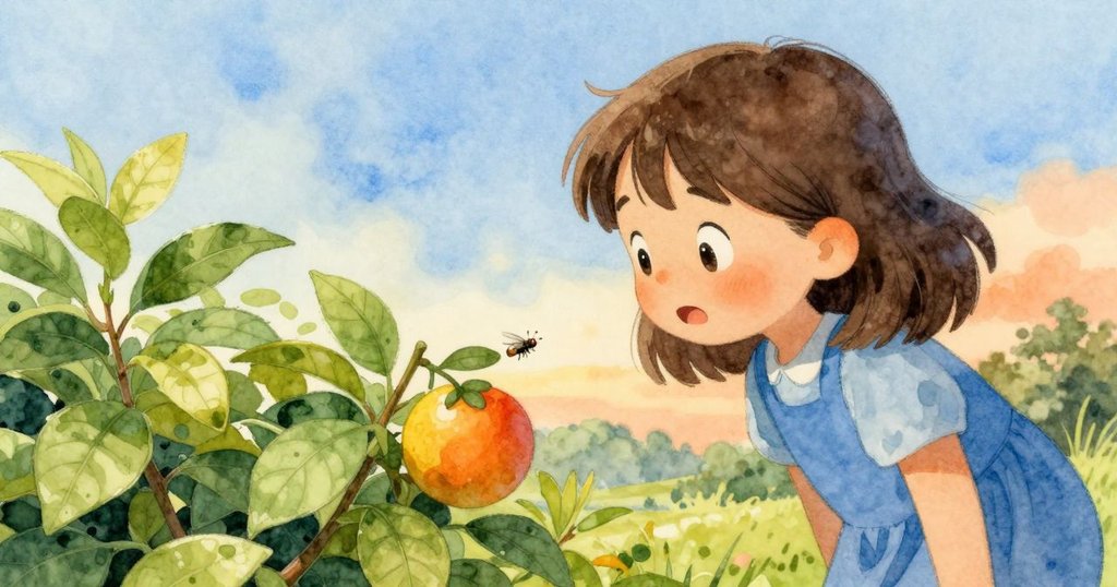 Tara好奇地注視著鮮豔水果上爬行的蒼蠅,臉上滿是驚奇與期待,細節豐富的廚房背景呈現溫馨氛圍