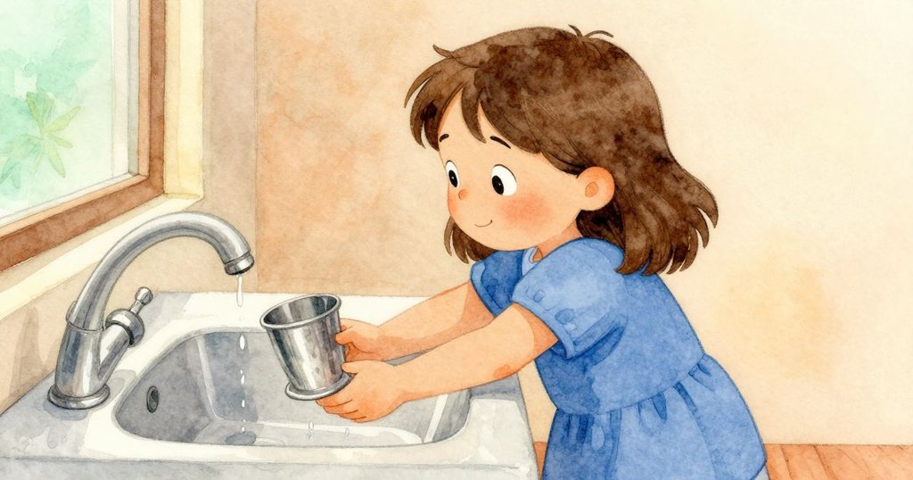 Tara在閃亮水槽旁靜靜休息,目光溫柔注視著金屬水滴,室內燈光溫暖寧靜,散發滿足心情