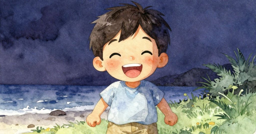 托賓特寫臉龐充滿笑容與喜悅，眼神閃爍著發現新奇的光芒，背景隱約呈現海邊氣息