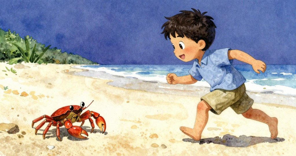 小螃蟹橫行於沙灘奔向岩石縫隙，托賓急切追隨，畫面分割展現動態與好奇心