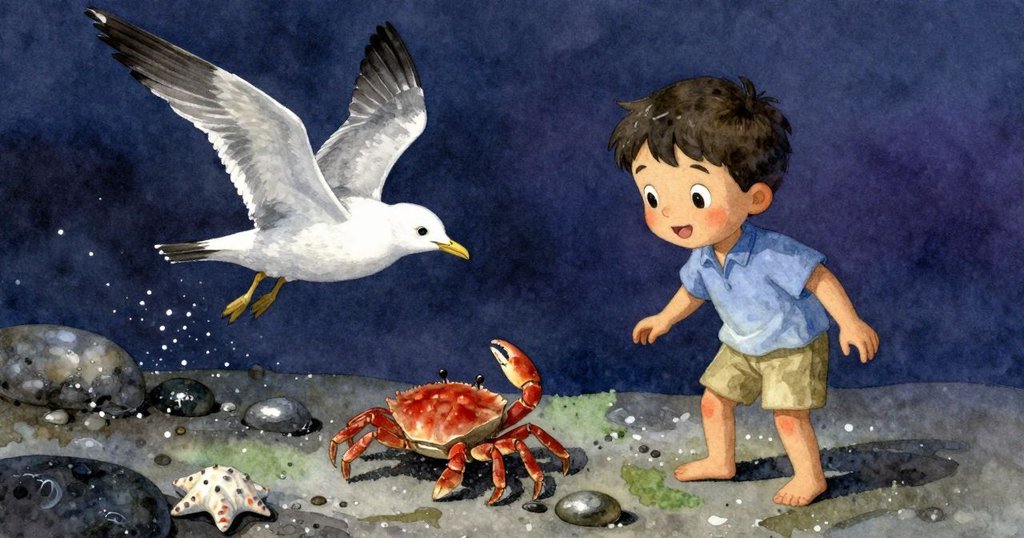 濕石上柔光閃爍，一枚星形貝殼閃亮，托賓背影隱約在背景，展現海灘上細微奇妙之處