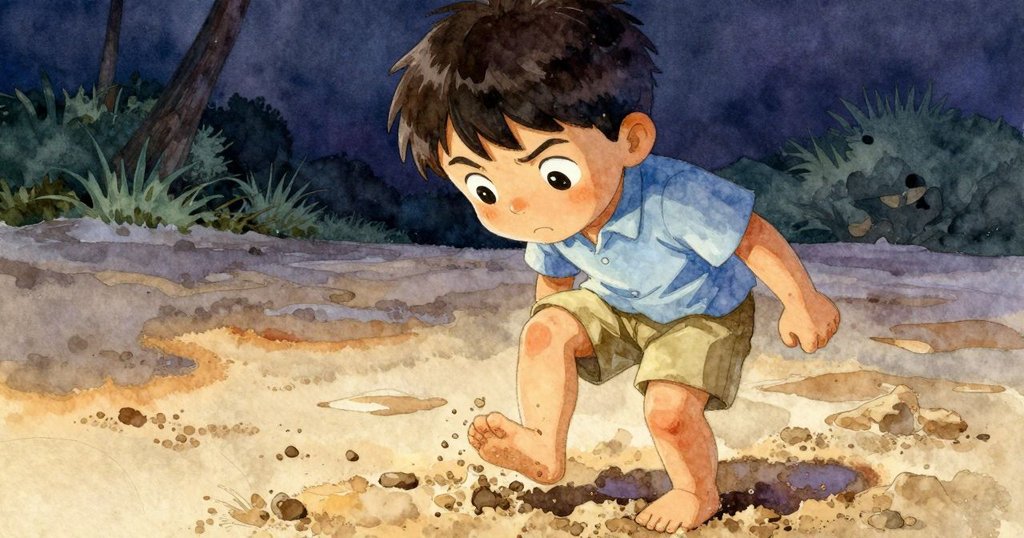 托賓蹲下舉起一隻腳，努力擺脫濕沙中黏附的砂粒，神情充滿堅定與求知