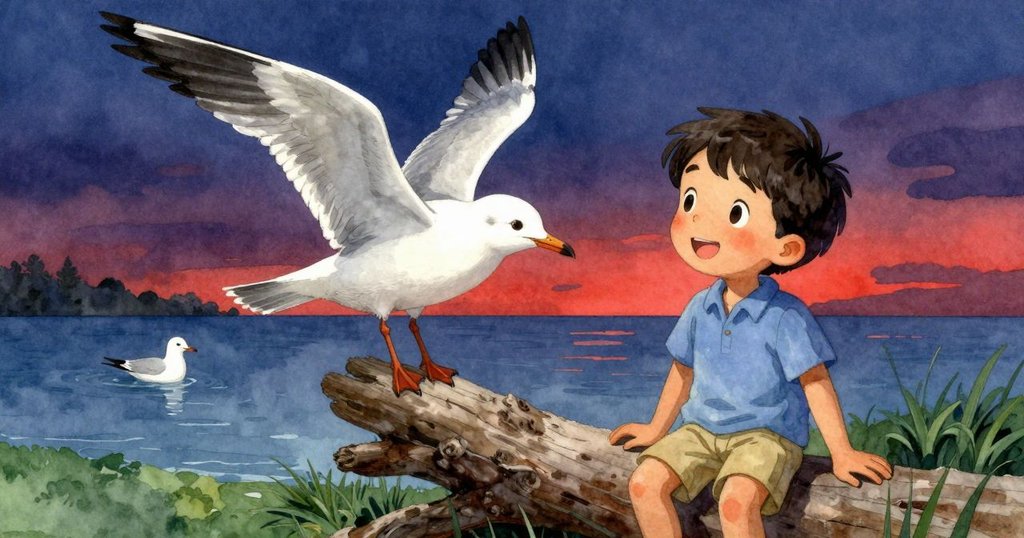 托賓站在漂流木旁安靜的水池邊微笑，一隻小海鷗從後方降臨，象徵著旅程溫柔的告別