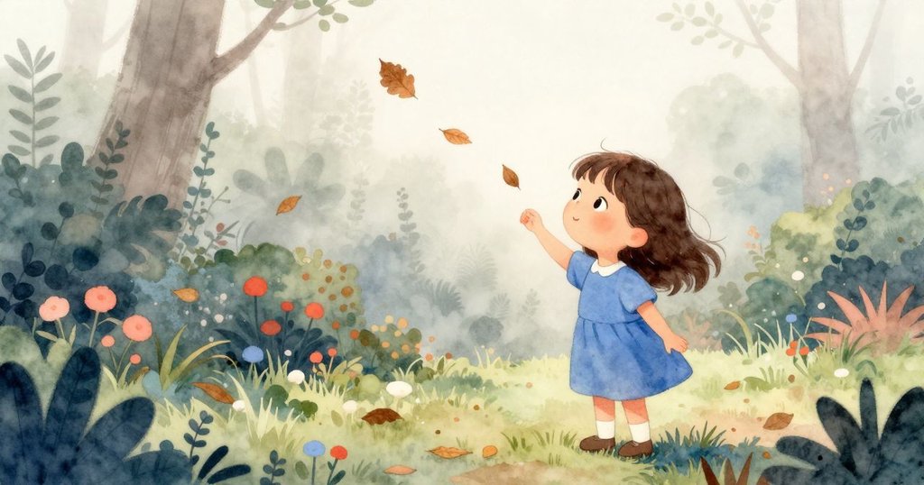 艾拉在晨霧中注視旋落棕葉,清晨花園籠罩柔光,展開探索之旅,充滿溫柔氛圍