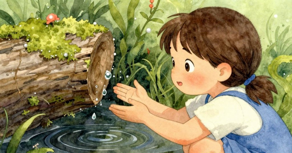 木頭下方水面逐漸變暗,一顆水滴顫動懸掛,分割畫面巧妙呈現自然細節,氛圍柔和