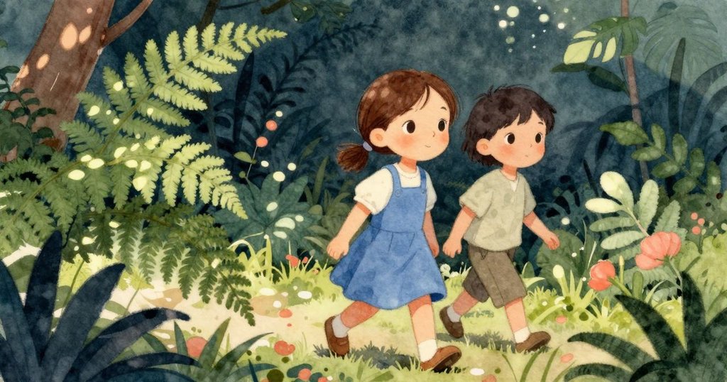 成年人穿越繁茂蕨類間行走,艾拉靜立一旁專注觀察,陽光透過綠蔭灑落,充滿動感與生機