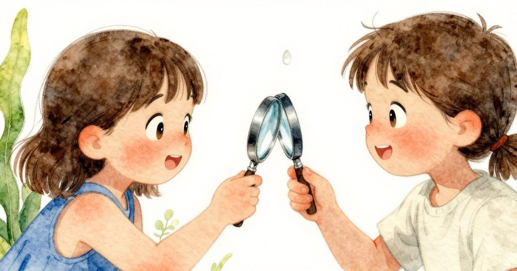 在近距離鏡頭中,成年人輕輕將放大鏡交給艾拉,背景水滴閃耀並隨溪流輕移,象徵自然美好禮物