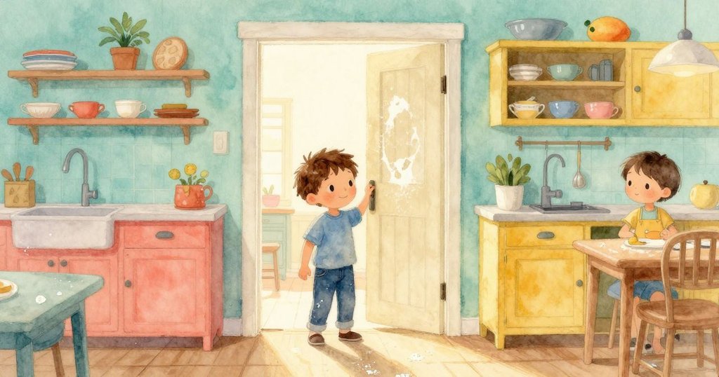 小路克站在廚房門口，環境中滿是麵粉痕跡與飄舞灰塵，神情好奇，場景呈現溫暖的廚房初始情境