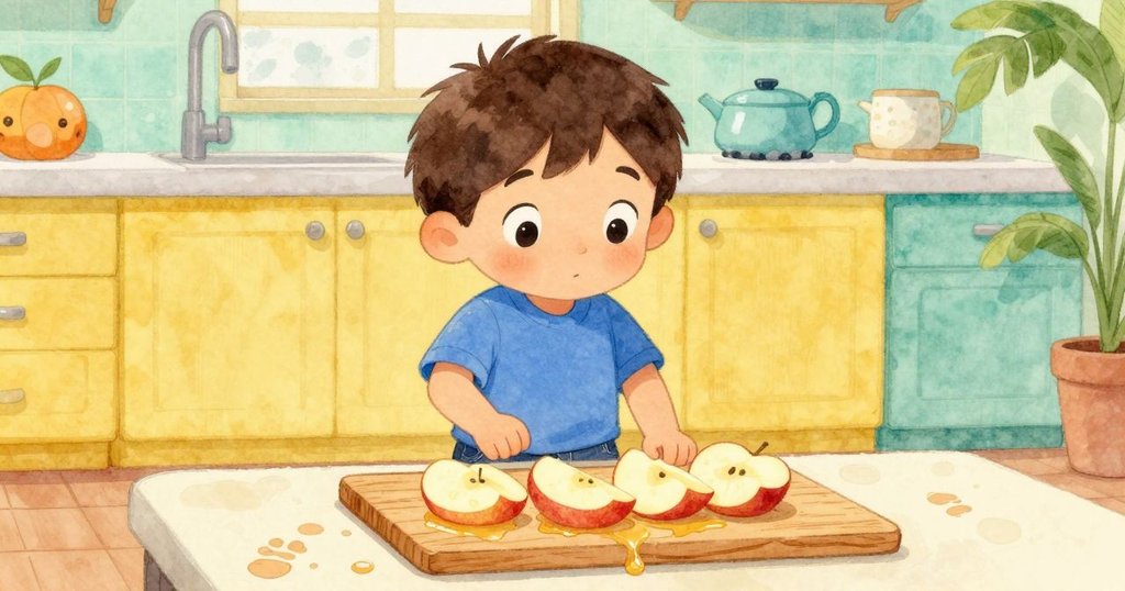 小路克的腳步出現在溫馨廚房中，近鏡展示木板上新鮮蘋果片與閃亮果汁，呈現探索場景