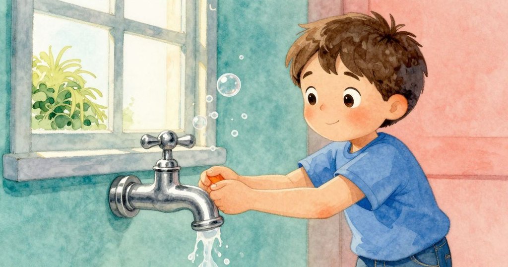 小路克注視著金屬水龍頭下冒泡的肥皂泡，窗外搖曳的小灌木映出時間流轉，細節生動