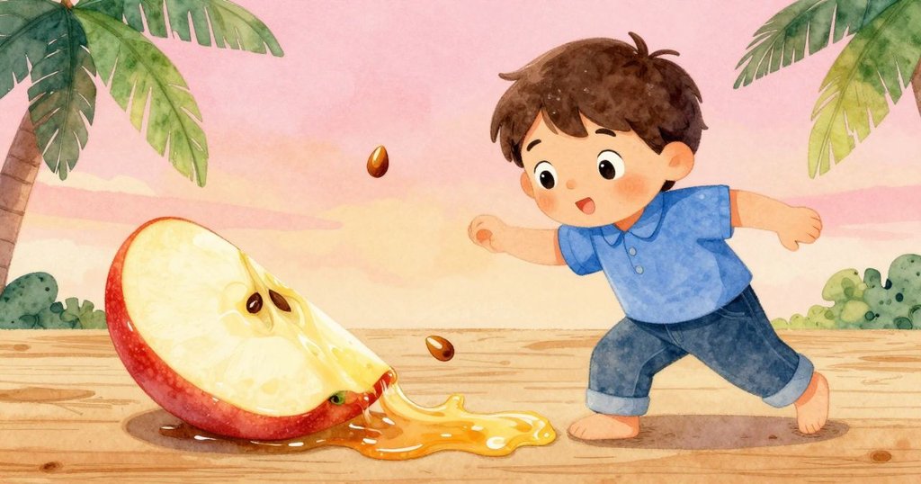 小路克注視著木板上蘋果片滑動、果汁流淌與果核滾動的動態情景，動作流暢，場面生動