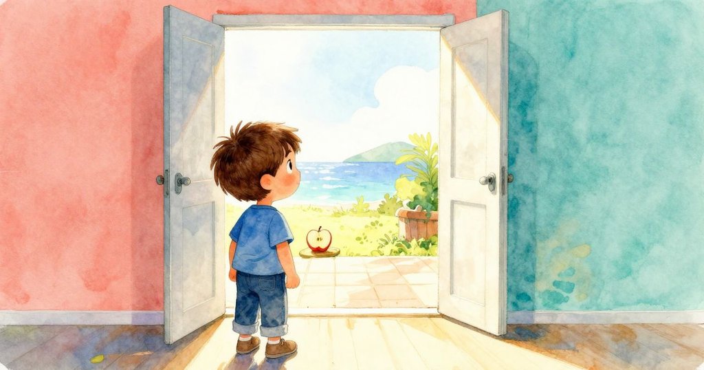 小路克面向敞開的廚房門，注視著即將落定的蘋果片與果核，充滿希望與溫暖情感，故事最終章