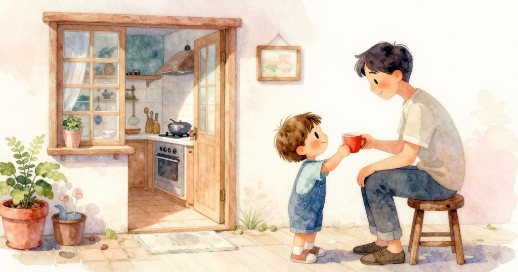 奧森站在窗邊的凳子上迎向忙碌的大人,陽光灑落在閃亮的紅杯上,溫暖家庭外景充滿期待與愉悅。