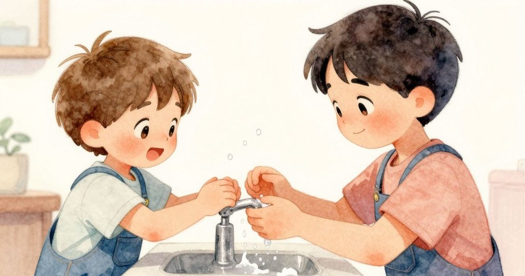 奧森專注的小手輕輕敲擊滴水的水龍頭,水珠與泡沫在柔光中閃爍,呈現細緻溫馨場景。