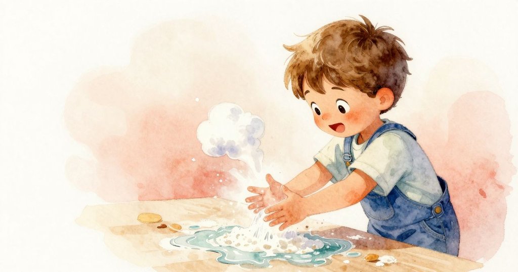 奧森在傾斜視角的櫃台前輕拍麵粉,水流彷彿跳起舞來,麵粉化作柔和雲朵,生動畫面充滿樂趣。