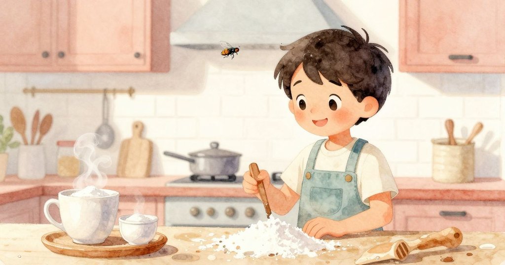 在明亮全新的廚房內,糖與麵粉整齊擺放,溫熱杯子冒出蒸氣,一隻蒼蠅輕繞上空,大人歡笑聲音溫馨。