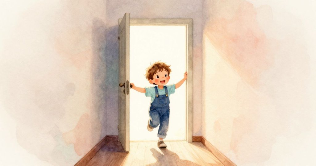 奧森滿懷好奇與微笑,站在溫馨走廊中面對一扇敞開的門,迎向充滿光明和驚奇的新世界。