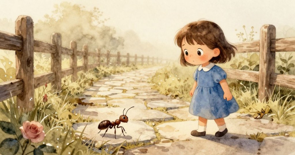 蒂娜站在石徑上，晨光柔和，小草濕潤，一只工蟻走過，背景有木柵欄，蒂娜神情好奇