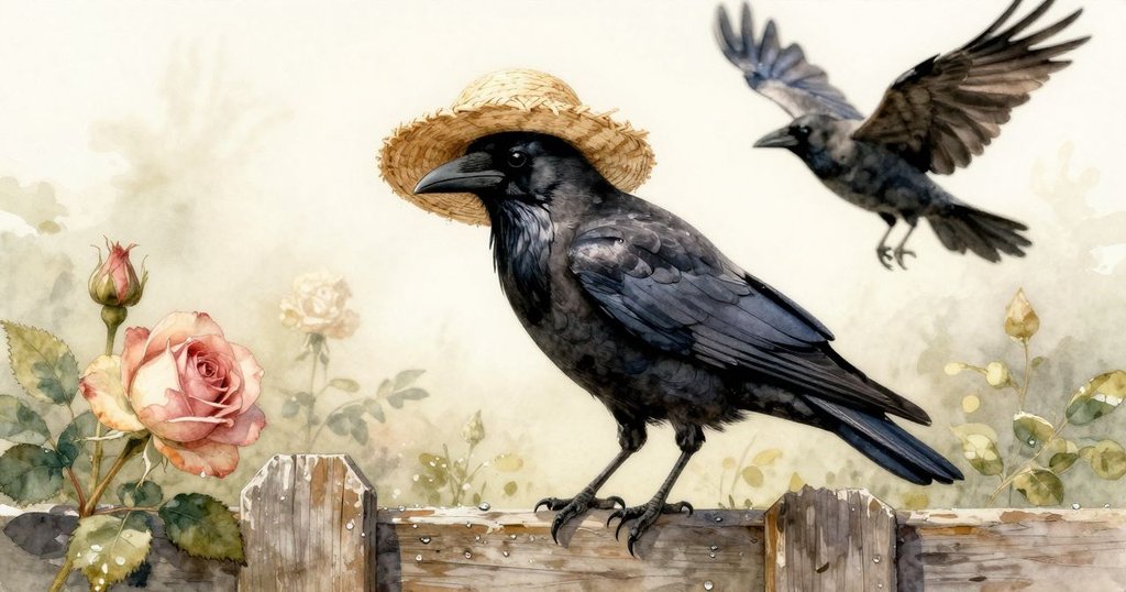 帽子靠在木柵旁，晨光中露珠閃爍，一隻烏鴉靠近輕觸帽沿，畫面細節豐富