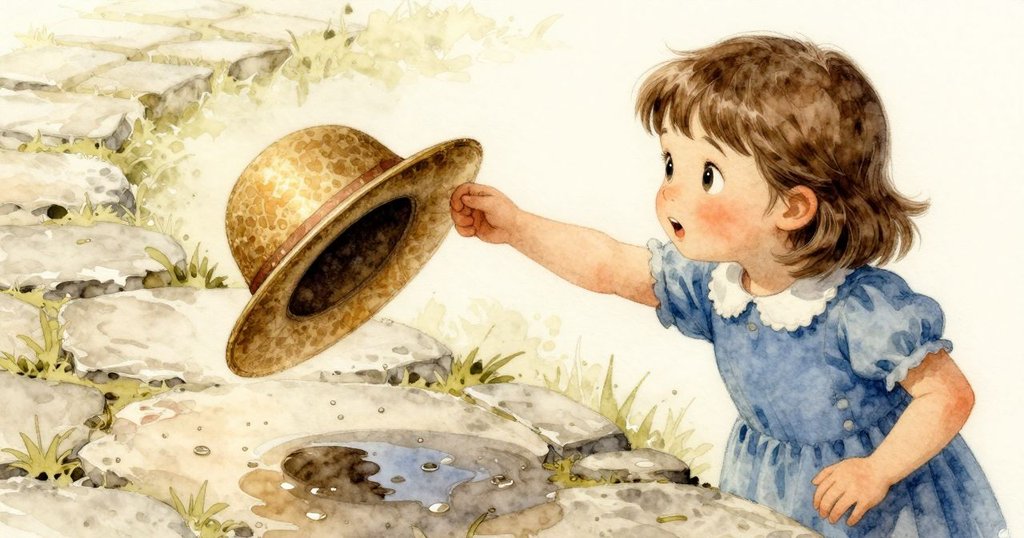 蒂娜伸手想拿帽子，她的倒影映在石徑上小水坑中，表情堅定，晨光柔和