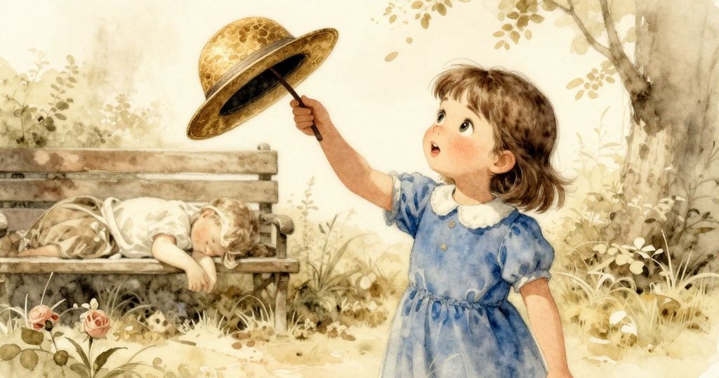 蒂娜用小棍子試圖勾取帽子，背景中一位大人安睡，環境依然寧靜，光線變得溫暖