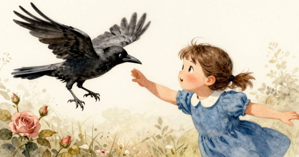 烏鴉落在柵欄上輕觸帽沿，帽子滑動中蒂娜迅速伸手接住，動作果斷激動，晨光明亮