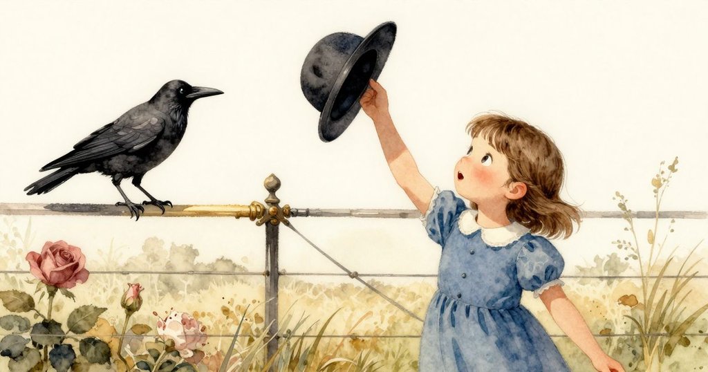 蒂娜終於拿到了帽子，滿懷喜悅地抱著帽子，烏鴉棲於柵欄上，環境祥和溫暖，故事圓滿落幕