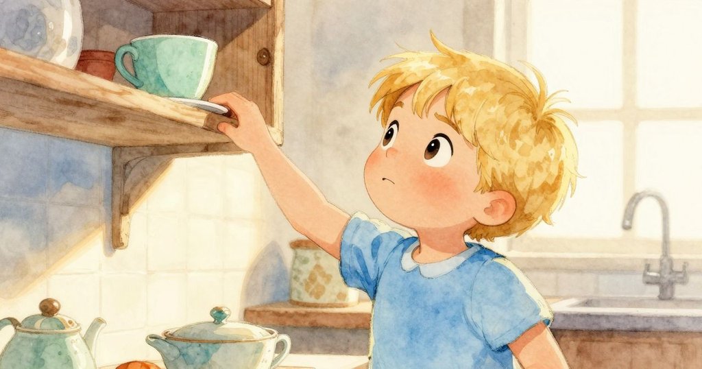 關恩伸手欲取高處架上高腳杯，手停在半空中，廚房內光影柔和，透露出專注與猶豫之情。