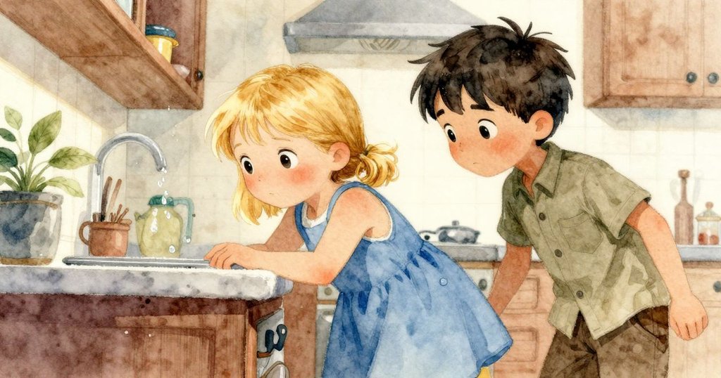 以昆蟲視角觀察廚房，濕潤檯面上水滴閃爍，關恩與斯特蘭忙碌身影隱現，氣氛靜謐而細膩。