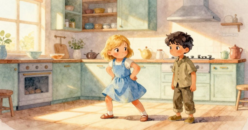 廚房燈光隨時間變換，從晨曦的金色到夕陽的橙光映照下，關恩與斯特蘭持續忙碌，氣氛靜謐溫暖。