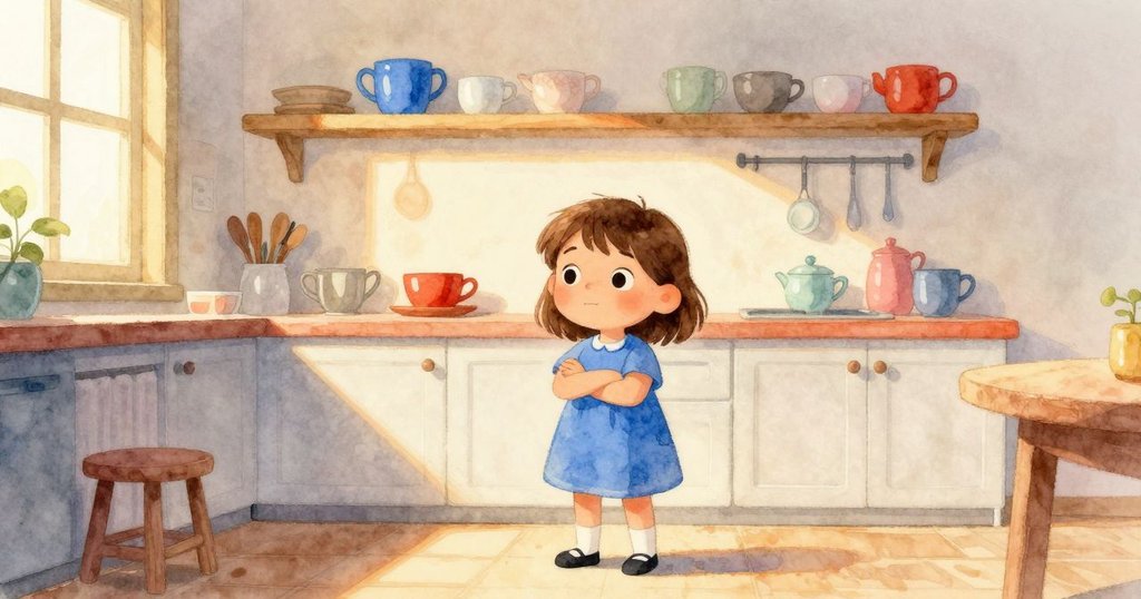 烏拉站在溫暖的廚房內,柔和光線灑落,注視著高處藍色杯子,氛圍寧靜充滿期待感。