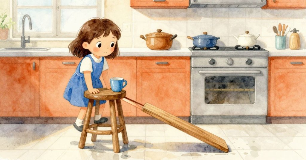 烏拉在廚房中一邊爬上放置於藍色杯下的凳子,一邊因凳子滑動而退後,畫面展示努力與突然狀態轉變。