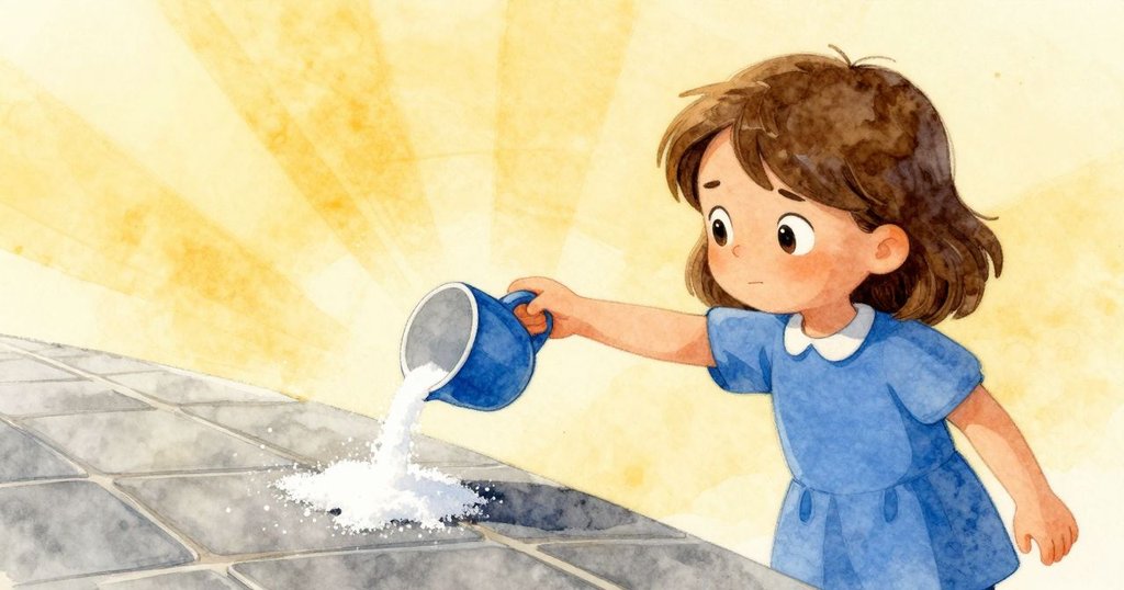 烏拉輕觸傾斜的藍色杯子,糖粉灑落形成小山與糖街,明亮日光照耀下展現魔幻與寧靜的氛圍。