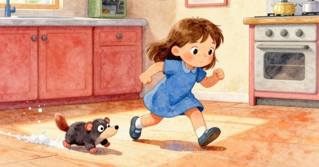 烏拉在廚房中活力四射地追逐柔軟的鼴鼠玩偶,糖粉街道引發玩樂趣味,畫面充滿動感與歡樂情緒。