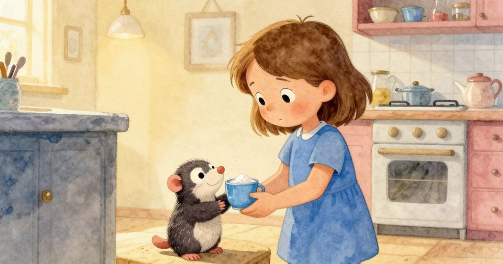 烏拉在溫暖廚房裡與玩偶重逢,溢出的糖粉形成糖街,輕放物品後露出滿足笑容,畫面溫馨寧靜。